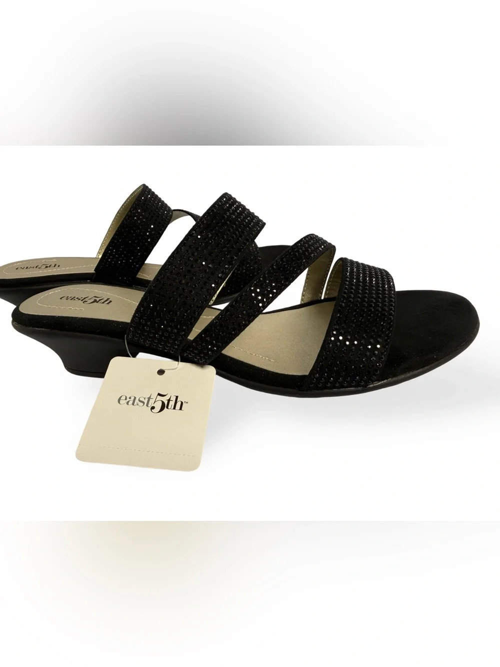 East 5th Black Rhinestone Triple-Strap Slide Sandals
